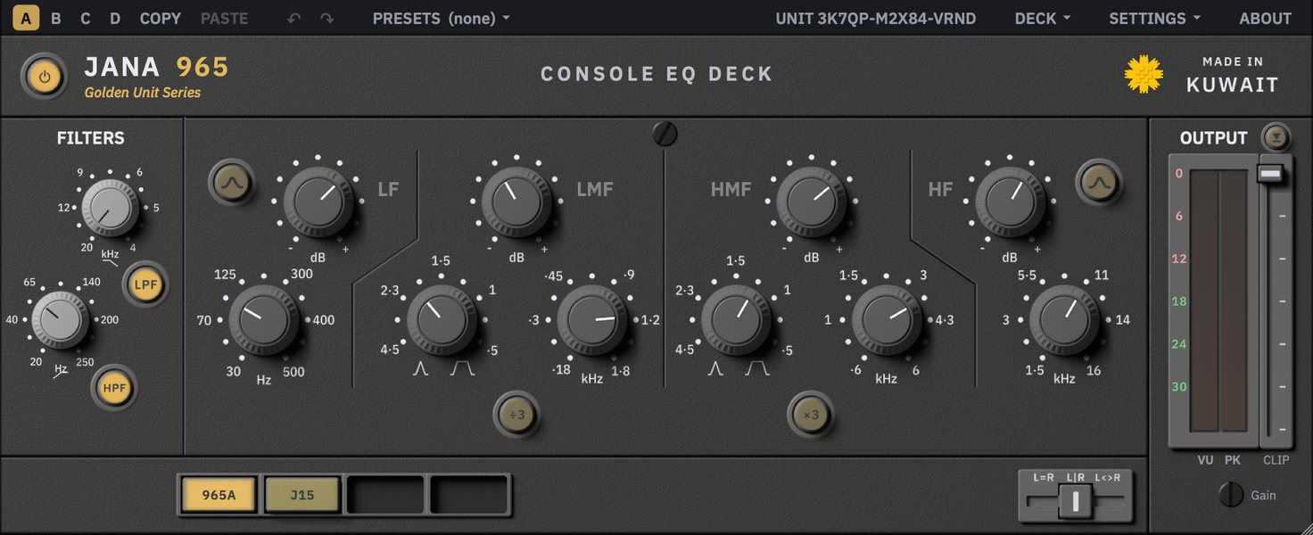The Jana 965 plugin panel: a dark grey frame with a filter section on the left, four equaliser bands with dark grey knobs in the middle, and an output meter and fader on the right.